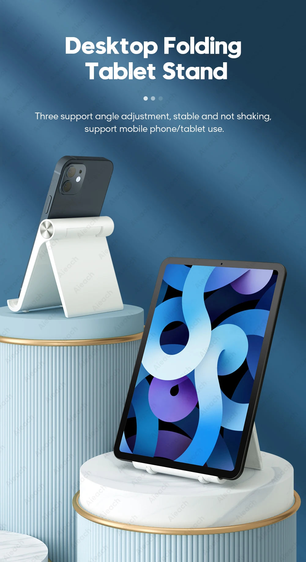 Voltic Desktop folding tablet stand with a tablet and smartphone on it against a blue background